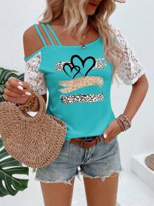 SHEIN LUNE Women's Lace Patchwork Heart & Leopard Print T-Shirt Graphic Cheetah Print Tees Women Tops - Blue - View 4