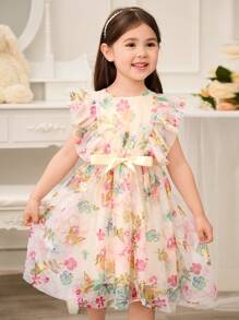 Glamorique Kids Young Girls Elegant Floral Print Mesh Ruffle Trim Princess Party Dress - Apricot - View 1