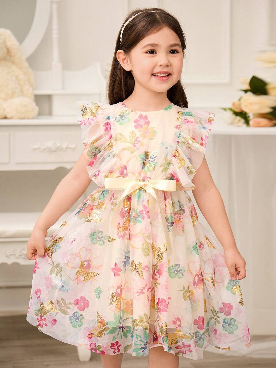 Glamorique Kids Young Girls Elegant Floral Print Mesh Ruffle Trim Princess Party Dress - Apricot - View 1