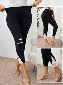 SHEIN Clasi Pantaloni da donna taglie forti, pantaloni eleganti, pantaloni neri, pantaloni aderenti con inserti in pizzo