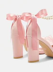 女士新款凉鞋，粉色高跟凉鞋，加大码洛丽塔风格可爱蝴蝶结串珠珍珠链丝带系带粗跟圆头凉鞋 - 粉色 - 查看 8