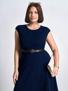 SHEIN Clasi Váy dài đến đầu gối thanh lịch cỡ lớn cho nữ, cổ tròn và tay loe, mùa hè, trang phục công sở dành cho phụ nữ - Màu xanh hải quân - Xem 6