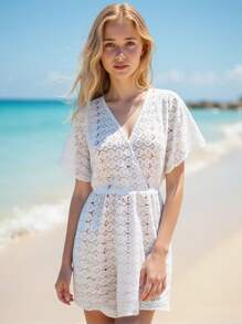 SHEIN Teens Girls' Solid Color V-Neck Cross-Wrap Beach Cover-Up Pullover, Vacation & Pool Party