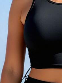 SHEIN Swim Summer Beach Mono Drawstring Ruched Side Tankini Top - Black - View 3