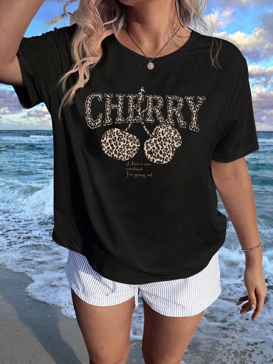 Veykashi 大码落肩休闲 T 恤，简约时尚，适合日常穿着 - 黑色 - 查看 1