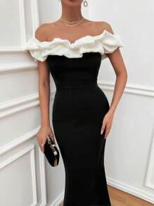 EURMUSE Two Tones Off Shoulder Ruffle Trim Bodycon Dress, Elegant Dress - Black - View 4