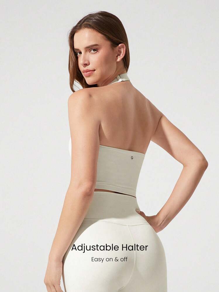 GLOWMODE Camiseta deportiva tipo sujetador de halter ajustable doble FeatherFit™ con soporte ligero para impacto bajo, ideal para yoga y uso diario - Blanco - Añade 3