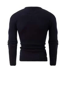 RueChic Men Solid Casual Crew Neck Patched Regular Sweater - Navy Blue - View 3