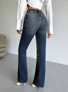 EURMUSE Petite Low Waist Tinted Wash Flare Jean - Medium Wash - View 2