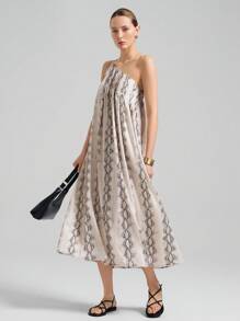 Ontre 2025新款都市风印花无袖长裙，褶皱设计，蛇纹印花，适合夏季、毕业典礼、节日、音乐节 - 卡其色 - 查看 2