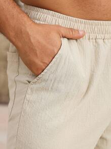 Manfinity RSRT 男士纯色弹性腰侧口袋直筒亚麻休闲裤，秋季