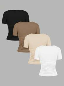 SHEIN EZwear 4件装95%纯棉休闲纯色圆领短袖T恤，适合春夏穿着、外出、海滩度假、居家穿着，时尚百搭。 - 彩色 - 查看 2