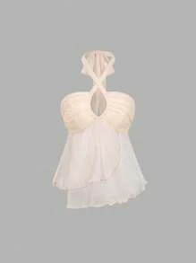 Sweetra Top tipo camiseta de mujer con cuello halter cruzado - Champán - Ver 1