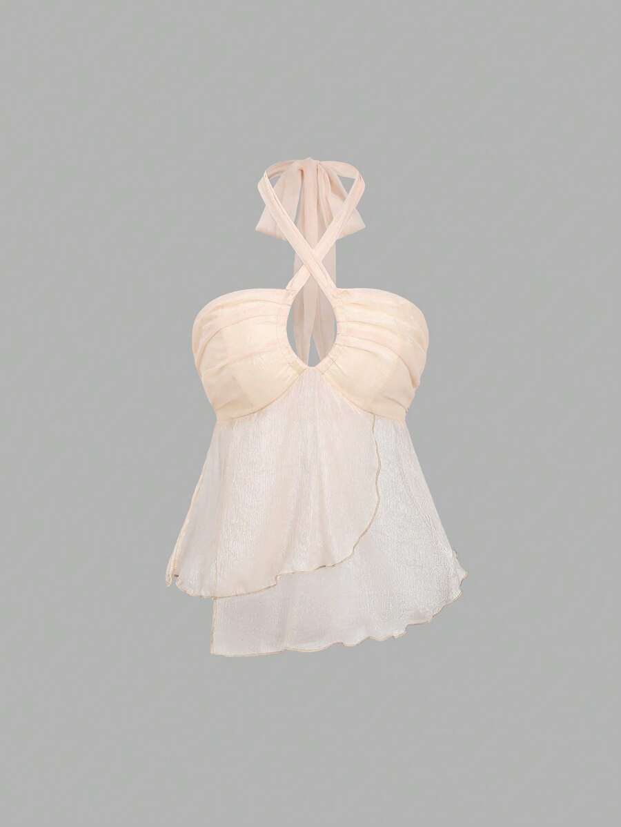 Sweetra Top tipo camiseta de mujer con cuello halter cruzado - Champán - Ver 1