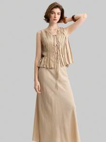 Ontre 2 件套女式卡其色褶皱系带腰吊带背心和 A 字裙套装，休闲都市通勤装，优雅夏日，简约百搭，宽松舒适