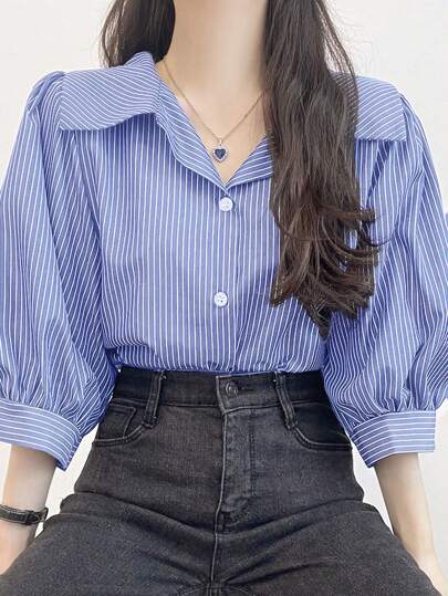 DAZY 女士翻领条纹半袖灯笼袖宽松上衣，春夏秋