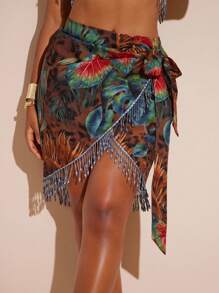Hauture Women's Brown Leopard Jungle Printed Leopard Skirt With Sash And Green Beading - Multicolor - View 4
