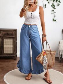 EMERY ROSE Women's Casual Washed Ruffle Hem Wide Leg Jeans - Blue - View 4