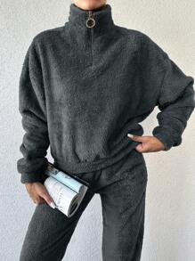 EURMUSE 2 Piece Women's Solid Color Front Zipper Long Sleeve Top And Long Pants Casual Suit Set - Dark Grey - View 5