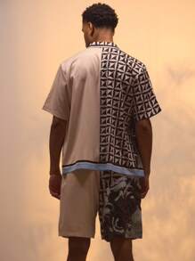 Musero Camicia a maniche corte con colletto alla coreana e bottoni, stampata, in stile casual da strada, adatta per l'estate, le vacanze e il tempo libero - Albicocca - Visualizzare 5