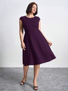 Chikora Plus Size Round Neck Short Sleeve Solid Color Simple Loose Elegant Dress,Office Outfits For Women - Purple - View 3