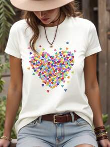 EMERY ROSE Casual Heart-Shaped Ditsy Floral Round Neck Short Sleeve Women T-Shirt, Summer