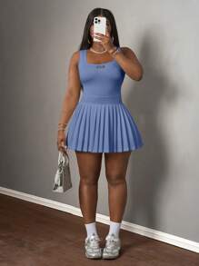 Slaydiva 新款春夏休闲基础款U领露背背心，黑色标签白色文字，喇叭褶裥半身裙（含短裤和阔腿裤），白色针织迷你连衣裙 - A，吊带裙，女士夏季连衣裙 - 藍色 - 查看 8