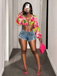 BamGleam Nouveau chemisier court nouable à col en V à imprimé floral sexy, manches longues, polyvalent pour festival de musique, rendez-vous, fête, anniversaire, vacances sur l'île, vacances - Été 2025 - Multicolore - Voir 5