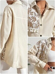 EURMUSE 100%Cotton Plant Print Fringed Drop Shoulder Sleeve Shirt - Multicolor - View 6
