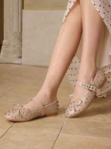 MOTF PREMIUM BOW STUDDED MARY JANE ROUND TOE FLAT SHOES FOR CHRISTMAS - Apricot - View 5