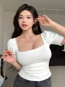 Dazy Plus Camiseta acanalada de cuello cuadrado ajustada con mangas abullonadas, para primavera/verano