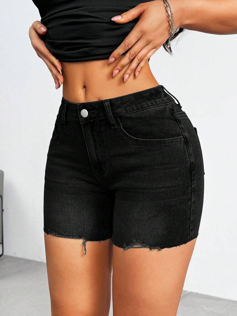 SHEIN ICON Women's Casual Washed Frayed Hem Skinny Denim Shorts - Black - View 1