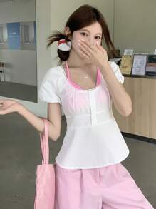 DAZY Women's V-Neck Casual Solid Color Short Sleeve Blouse, Summer - White - View 4