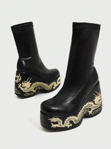 Sugerpunk 女式圆头粗跟刺绣龙纹黑色弹力性感时尚一脚蹬黑色厚底踝靴