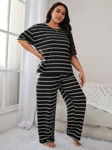 Plus Size Striped Drop Shoulder Sleeve T-Shirt And Long Pants Pajama Set, Outfits - Black and White - View 5