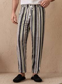 Manfinity VCAY 编织男士简约印花休闲裤，长款锥形度假沙滩裤，适合丈夫、男朋友的礼物 - 彩色 - 查看 1