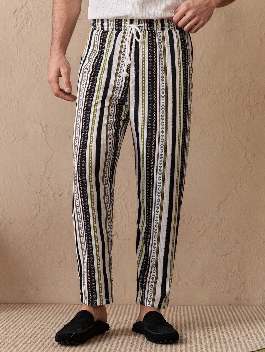 Manfinity VCAY 编织男士简约印花休闲裤，长款锥形度假沙滩裤，适合丈夫、男朋友的礼物 - 彩色 - 查看 1