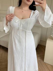 Modelyn Plus Size Elegant Solid Color Jacquard Flare Sleeve Dress - White - View 1