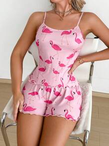 SHEIN Pink Girl Flamingo Print Cami Pajamas Set - Pink - View 5