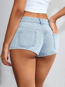 SHEIN EZwear Plain Pocketed Super Short Casual Fashionable Denim Shorts For Summer - Blue - View 3