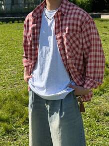 DAZY Men's Casual Fall Plaid Red Shirt For Spring & Summer,Back To School