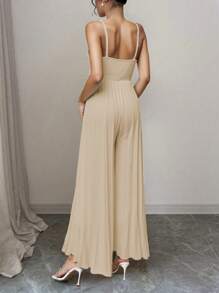 Summer Elegant Floral Decor Backless Halter Pleated Wide Leg Jumpsuit - Khaki - View 2