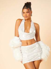 Hauture Váy mini xếp ly sequin trơn màu thanh lịch cho nữ - trắng - Xem 2