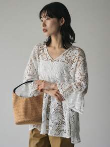 FRIFUL Blusa holgada con encaje y volantes de manga corta, uso casual de verano para vacaciones - Blanco - Ver 3