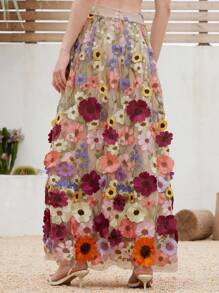 Aveloria Rosie Elegant Ladylike Embroidered Net Jacquard Flare Skirt For Women Boho Vacation Fashionable Style For Spring Fall - Beige - View 3