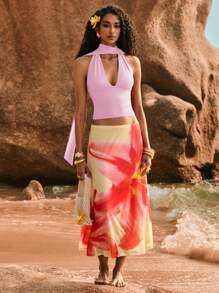Poéselle Women's Solid Color Y2K Deep V Crop Halter Tank Top - Pink - View 4