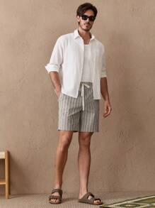 Manfinity BRENVOR 男士棉质条纹印花抽绳腰短裤，适合送给丈夫、男朋友的礼物 - 彩色 - 查看 2