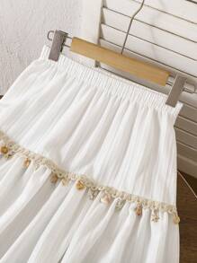 青少年女孩休闲海滩度假贝壳装饰拼接多层半身裙 - 白色 - 查看 8