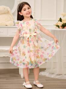 Glamorique Kids Young Girls Elegant Floral Print Mesh Ruffle Trim Princess Party Dress - Apricot - View 3