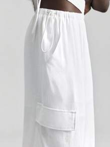 Ontre 2025新款女士休闲度假风3D工装口袋亚麻材质松紧腰长裤，适合音乐节、演唱会、乡村音乐节 - 白色 - 查看 5